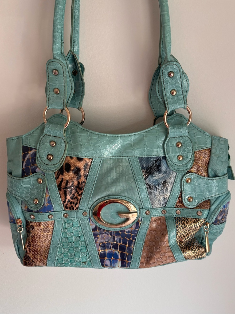 Guess Teal Patchwork Shoulder Bag with Mixed Animal Panels